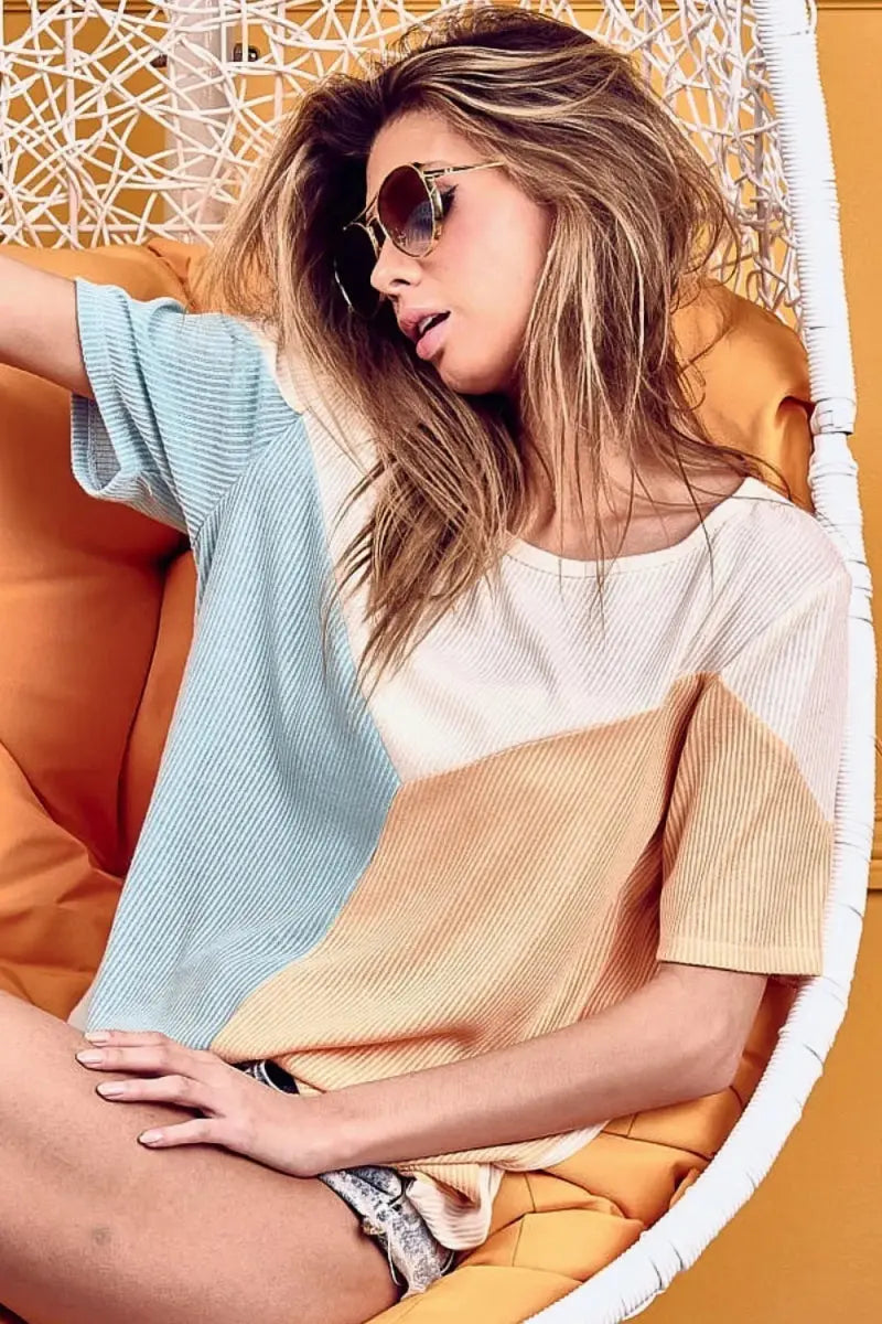 BiBi Round Neck Color Block Short Sleeve T-Shirt for Women - Love Salve